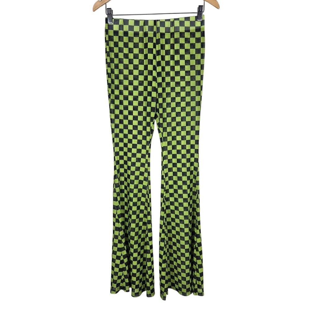 Mimosa Woman's Sheer Green & Black Checkered High Waisted Flare Leg Pants Med